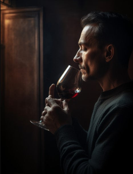 man in a wine cellar smelling red wine from a glass with his eyes closed