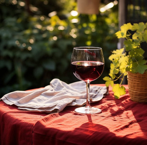 a glass of red wine in a garden in summer